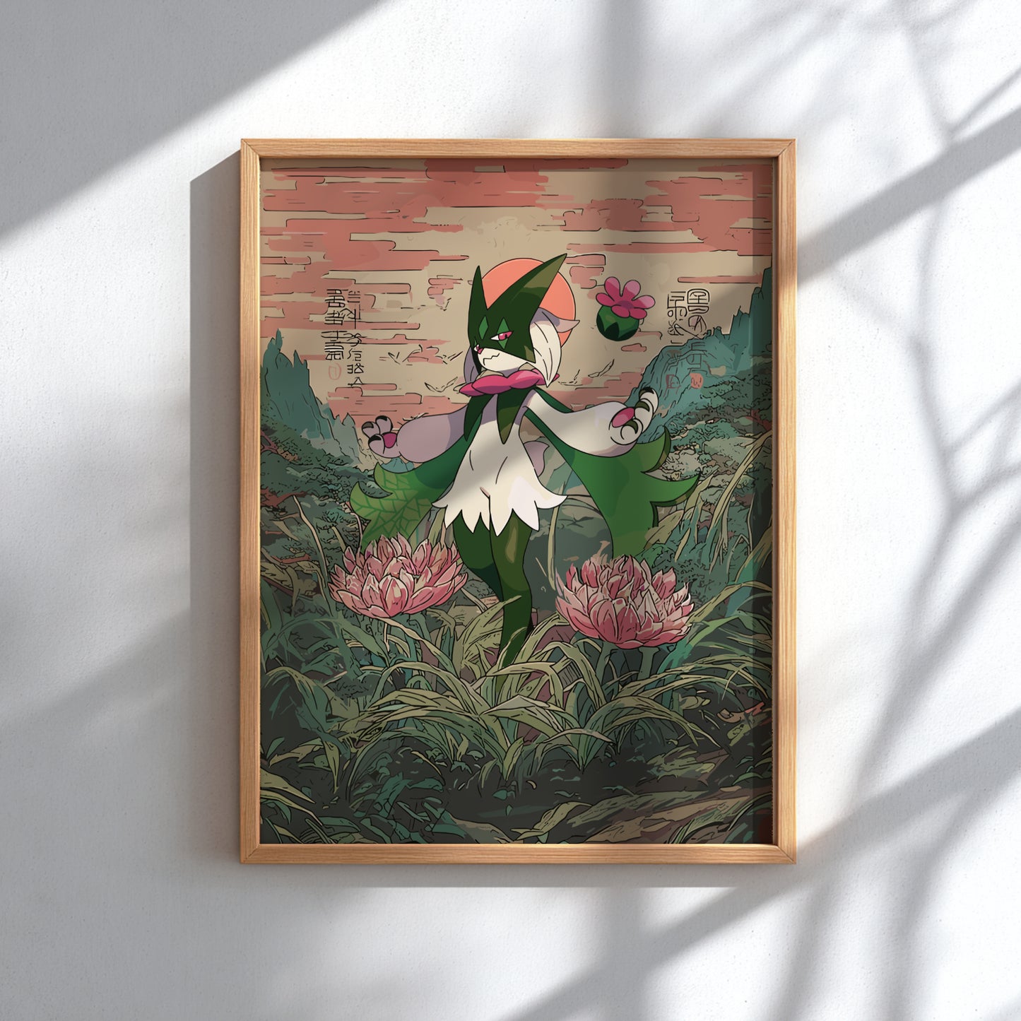 Framed artwork of Meowscarada Pokemon character with a flower in a natural setting