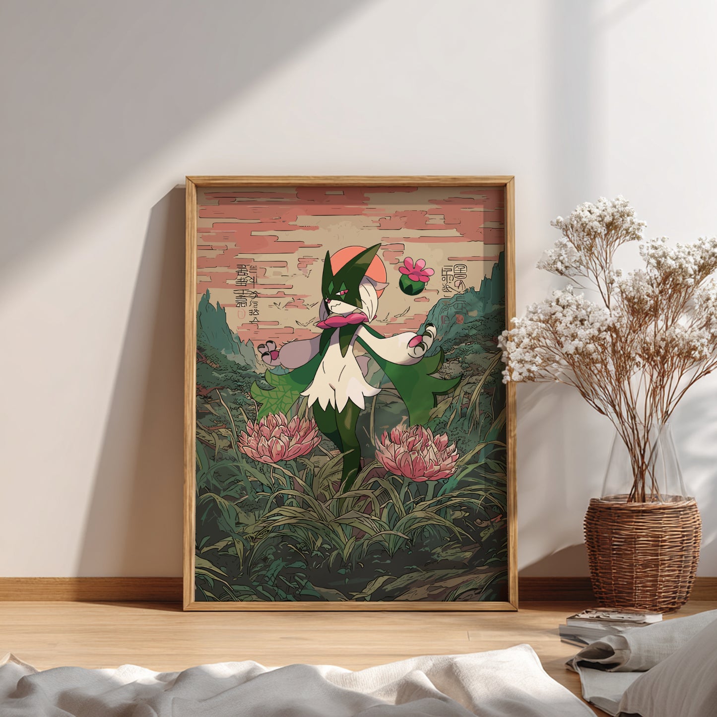 Framed artwork of Meowscarada Pokemon among flowers on a wall with a vase of dried plants below.