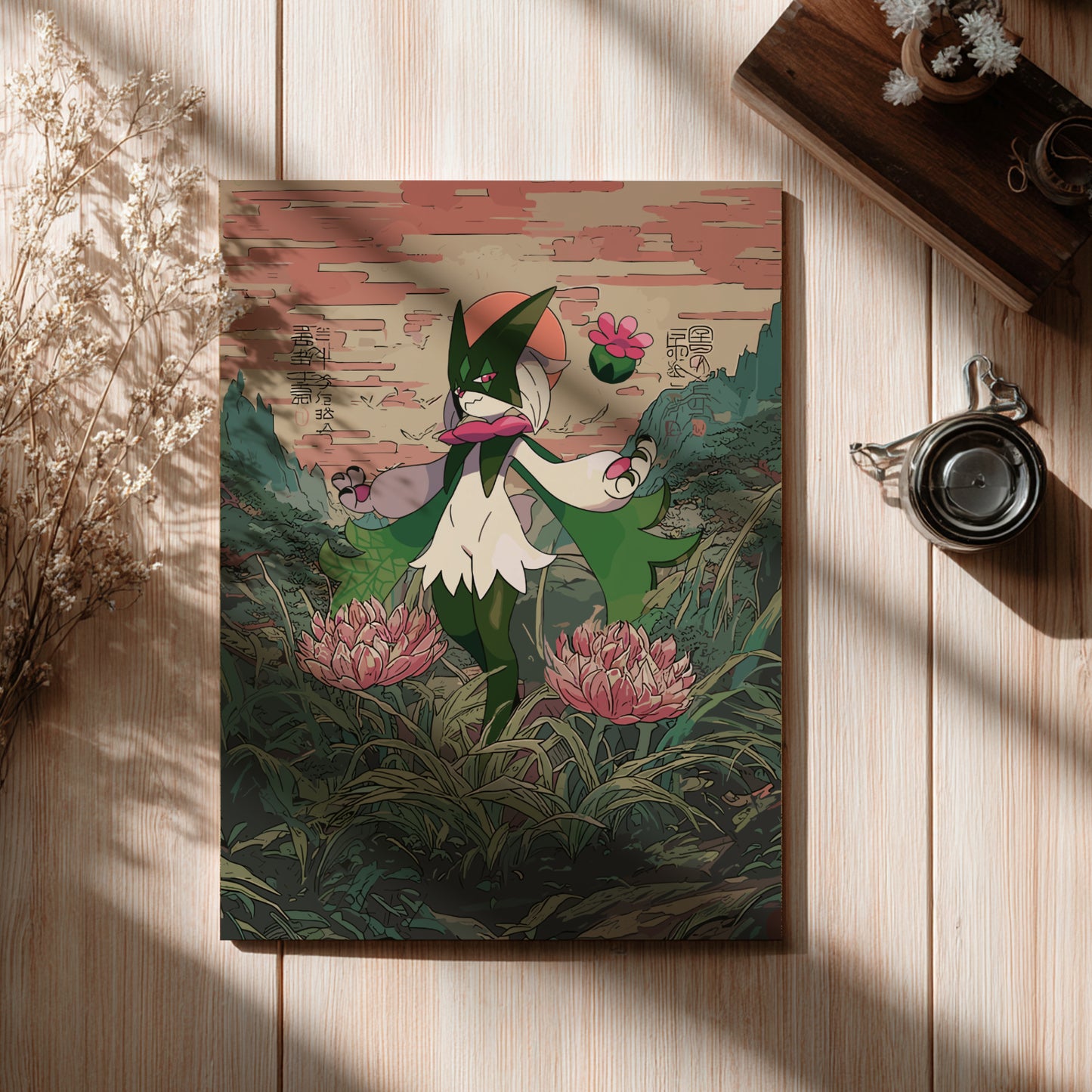 Poster with a colorful illustration of Meowscarada Pokemon character holding a flower on a wooden surface.