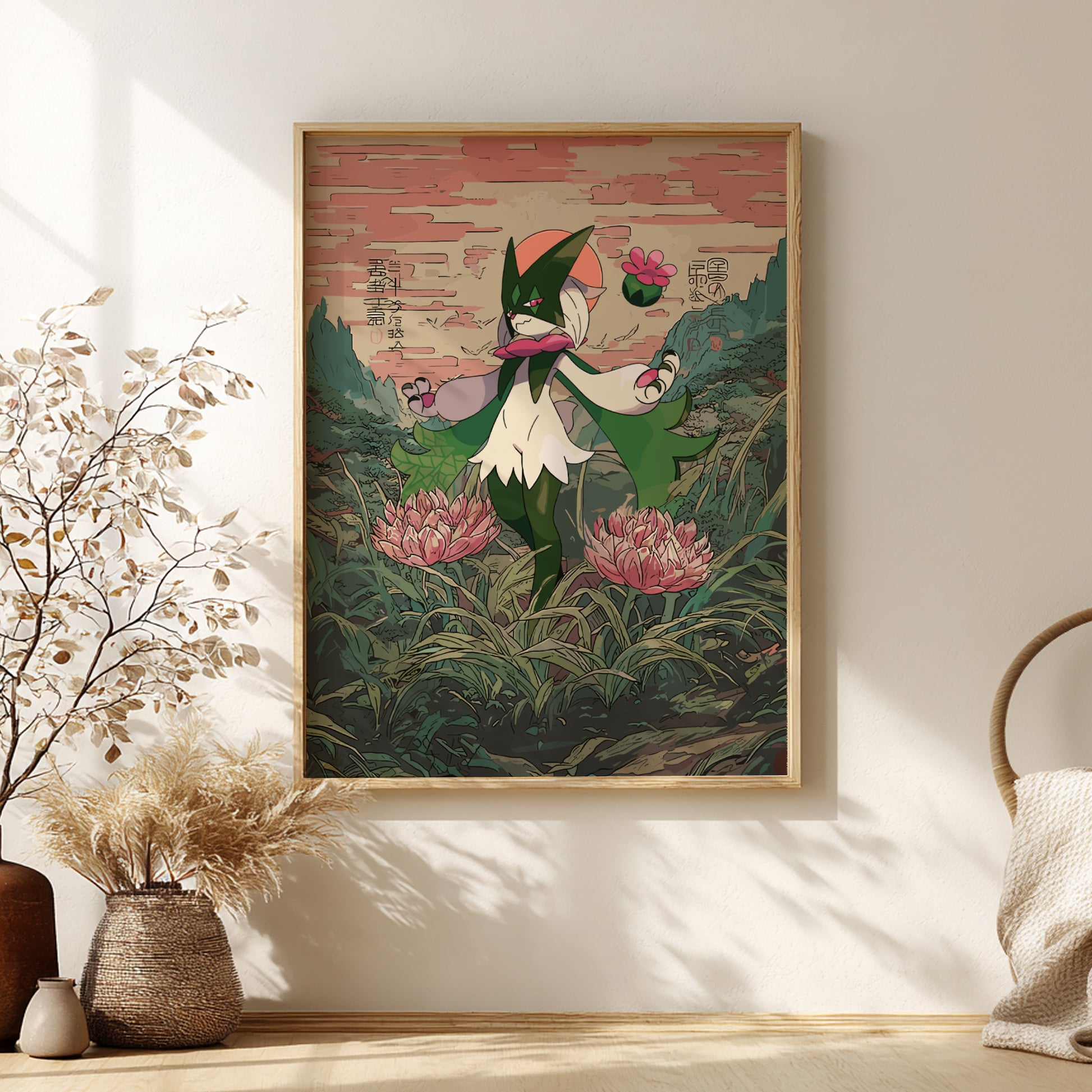 Framed artwork of Meowscarada Pokemon character in a garden setting on a wall with decorative elements.