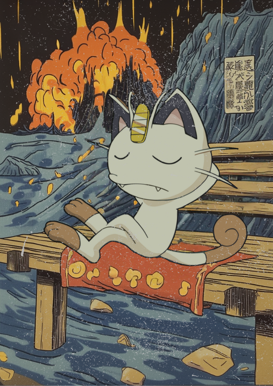 Meowth Poster: Japanese Tapestry Style Pokemon Anime Poster, Meowth Artwork