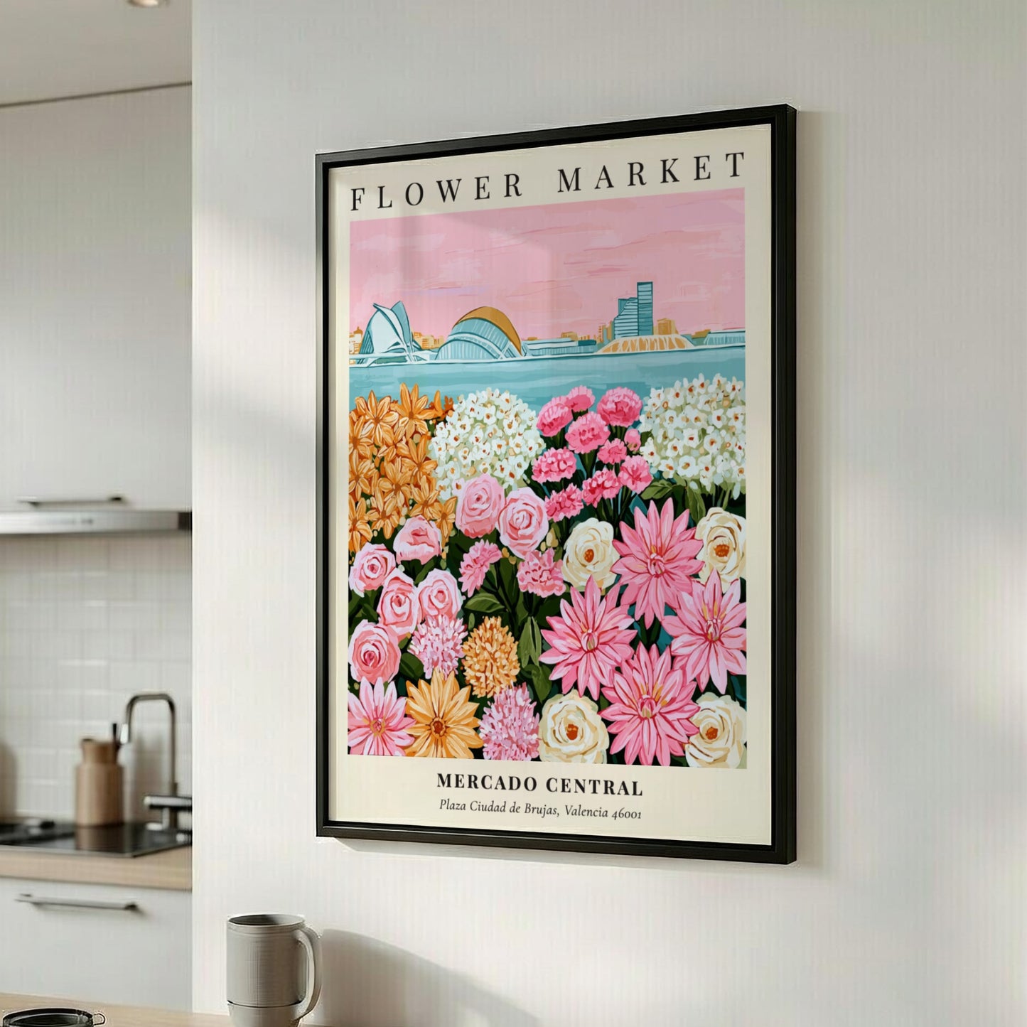 Floral art print featuring a colorful flower market scene with pink and yellow flowers, perfect for home