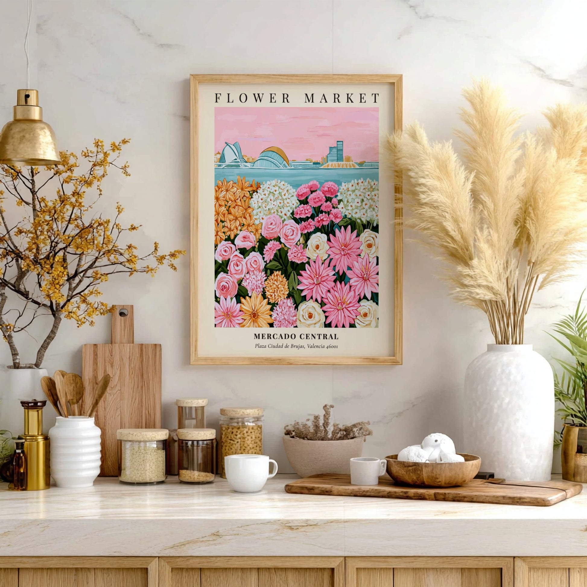 Floral art print featuring a colorful flower market scene with pink and yellow flowers, perfect for home