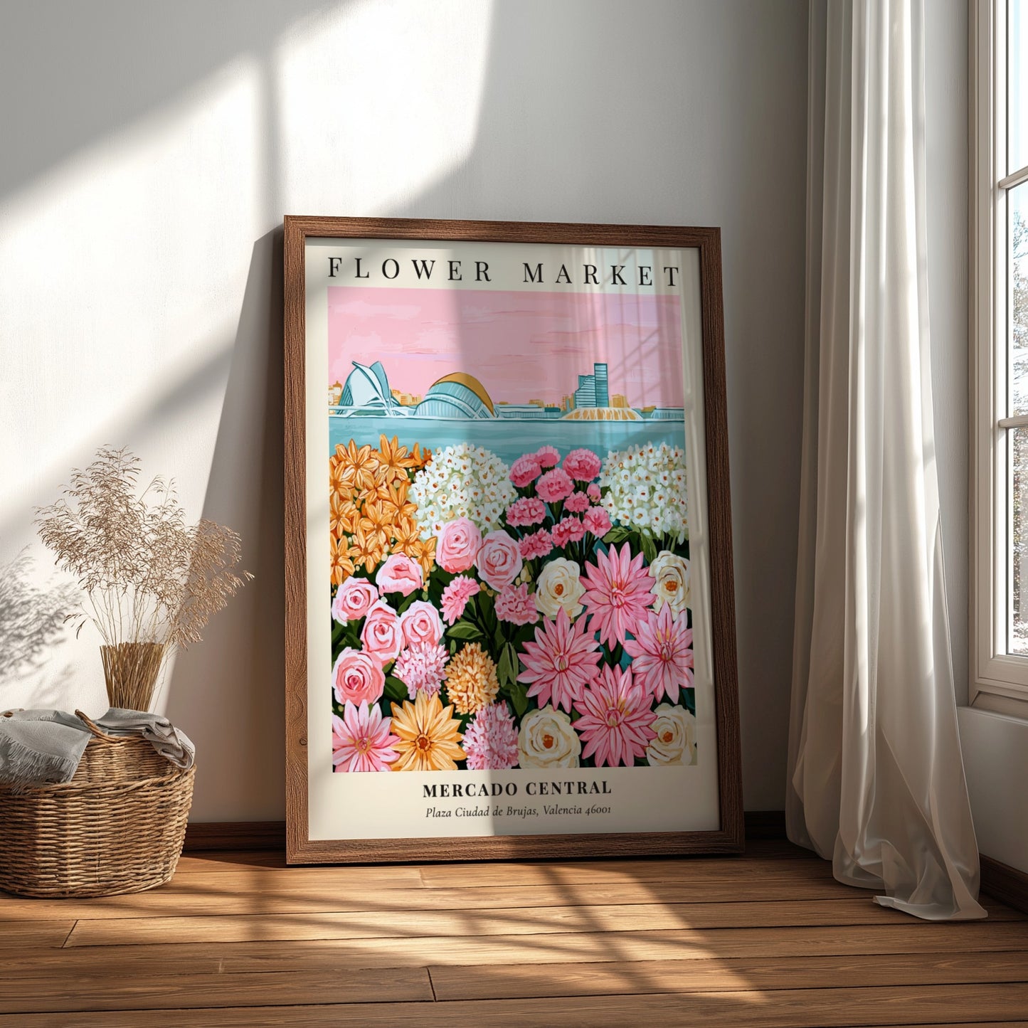 Floral art print featuring a colorful flower market scene with pink and yellow flowers, perfect for home
