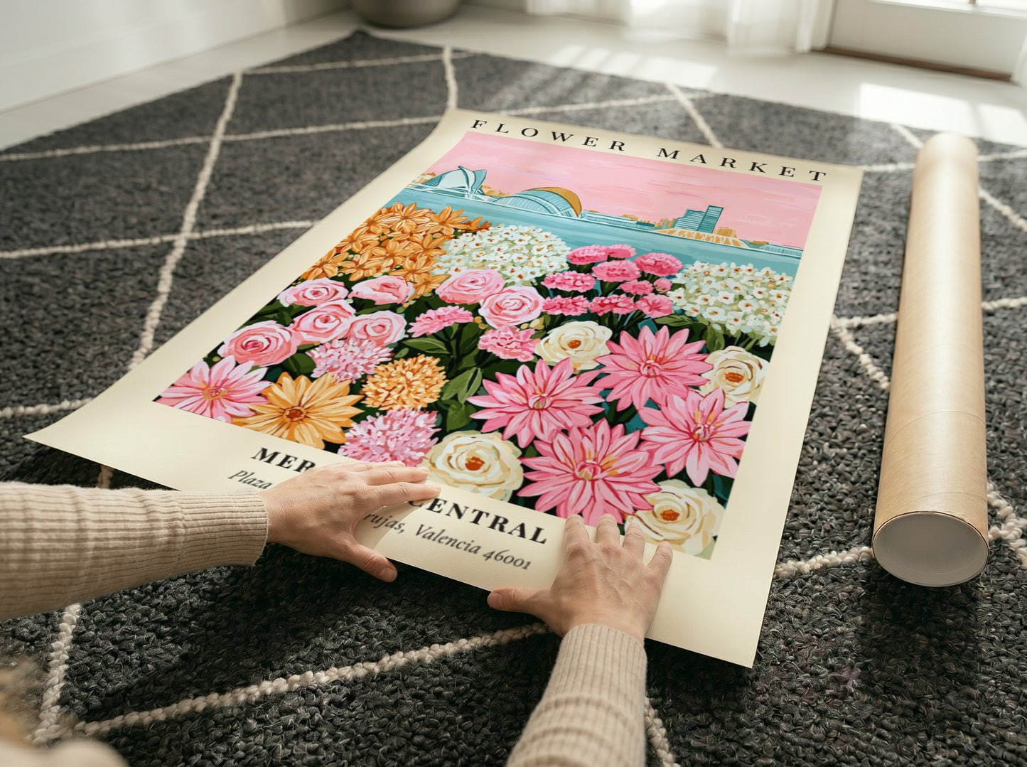 Floral art print featuring a colorful flower market scene with pink and yellow flowers, perfect for home