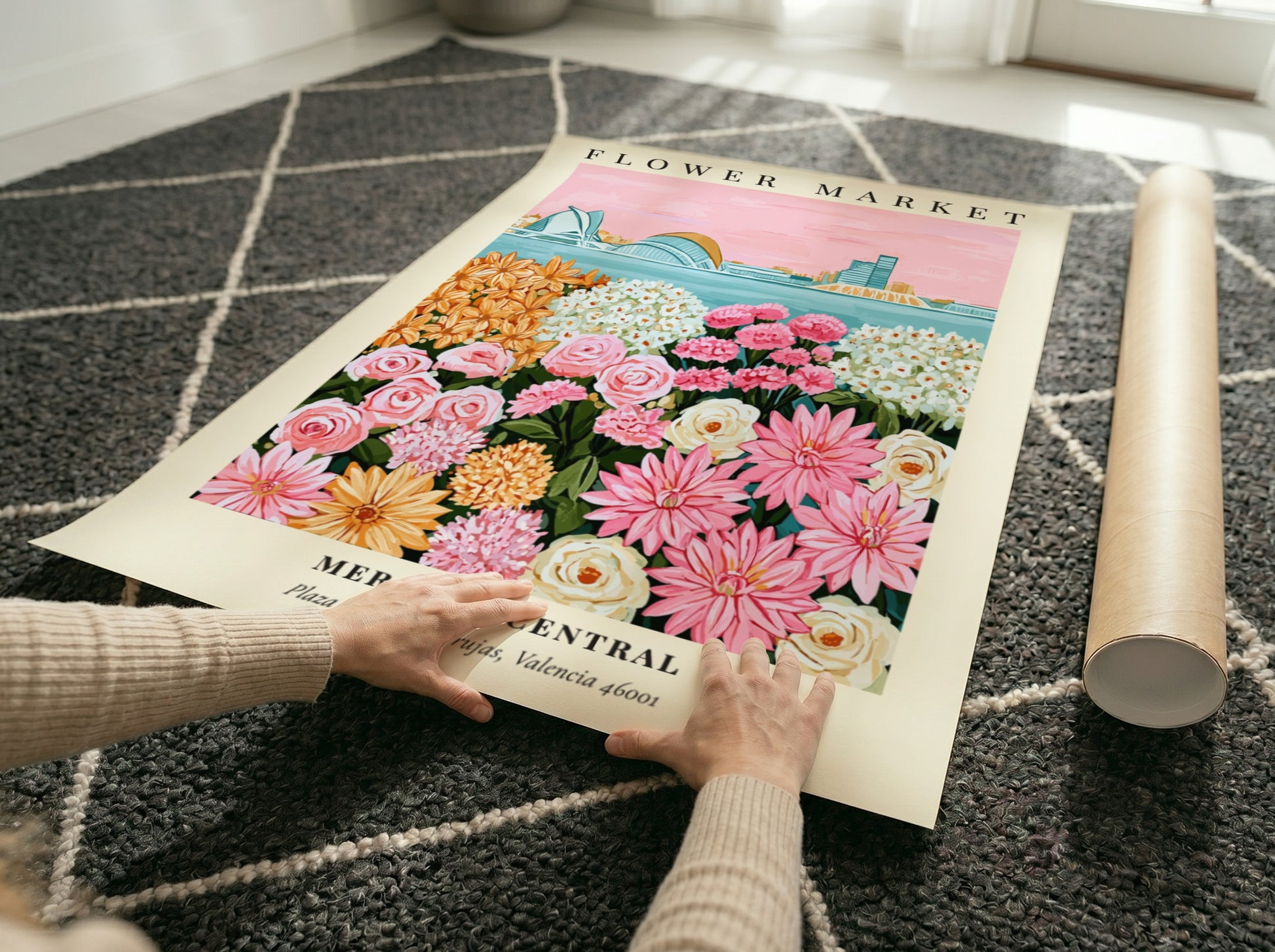 Floral art print featuring a colorful flower market scene with pink and yellow flowers, perfect for home
