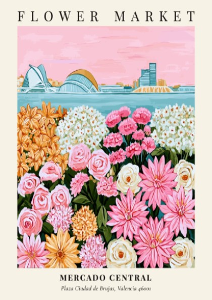 Floral art print featuring a colorful flower market scene with pink and yellow flowers, perfect for home