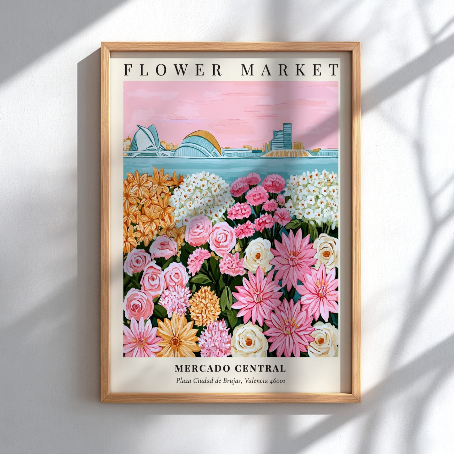 Floral art print featuring a colorful flower market scene with pink and yellow flowers, perfect for home