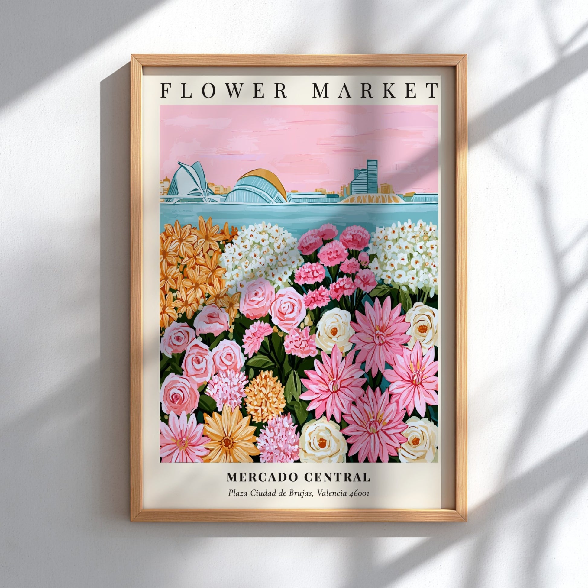 Floral art print featuring a colorful flower market scene with pink and yellow flowers, perfect for home