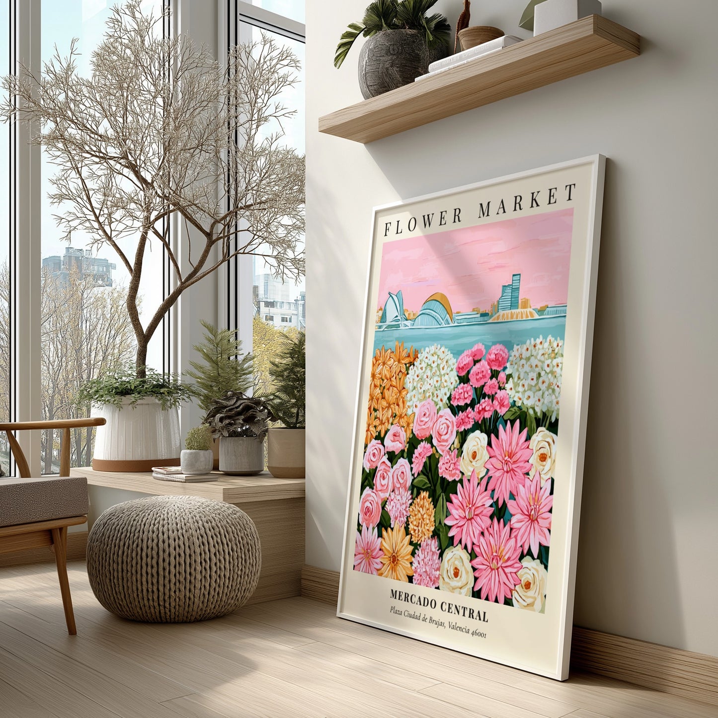 Floral art print featuring a colorful flower market scene with pink and yellow flowers, perfect for home