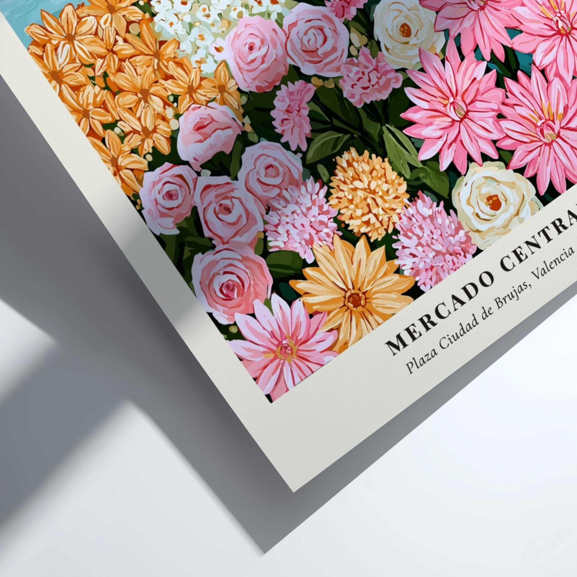 Floral art print featuring a colorful flower market scene with pink and yellow flowers, perfect for home