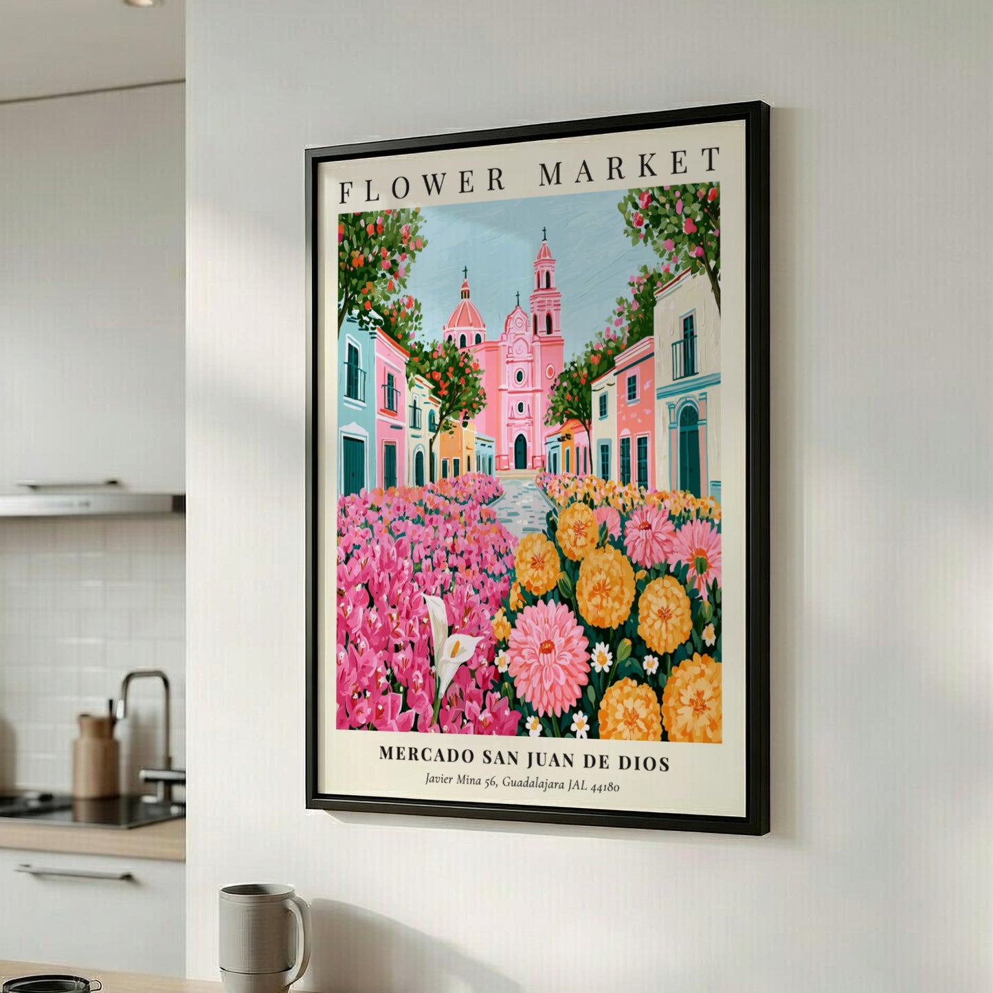 Flower market artwork featuring vibrant pink and yellow flowers with charming architecture in a colorful scene