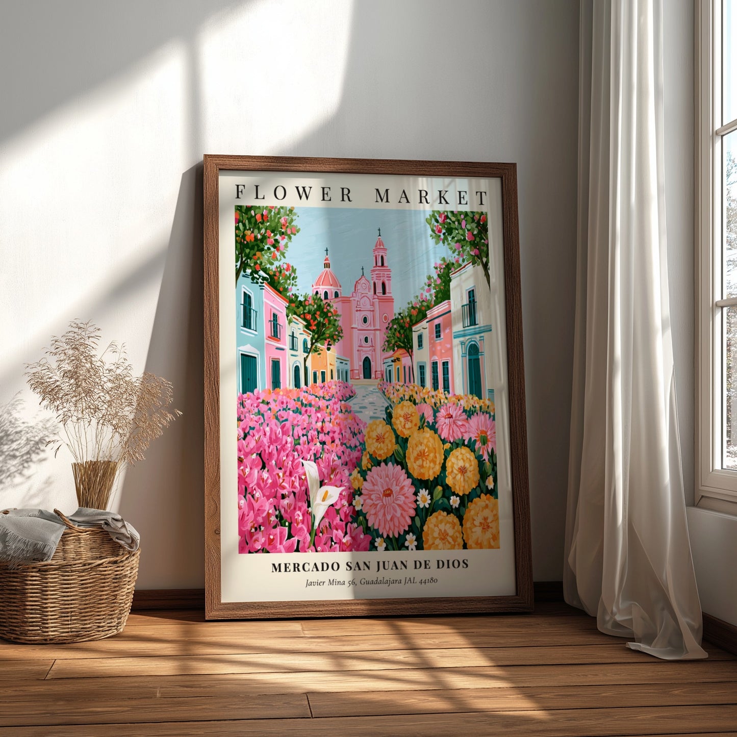 Flower market artwork featuring vibrant pink and yellow flowers with charming architecture in a colorful scene