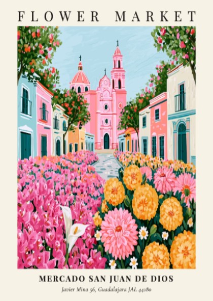 Flower market artwork featuring vibrant pink and yellow flowers with charming architecture in a colorful scene