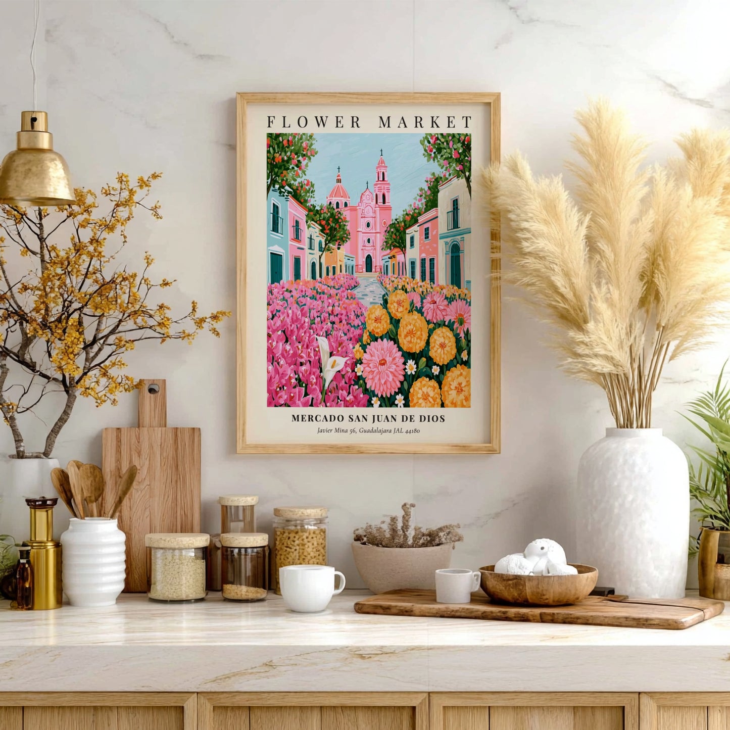 Flower market artwork featuring vibrant pink and yellow flowers with charming architecture in a colorful scene