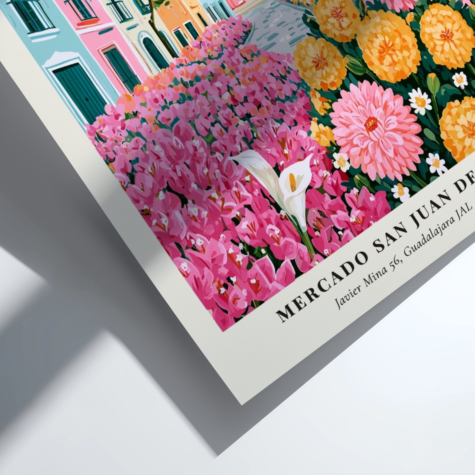 Flower market artwork featuring vibrant pink and yellow flowers with charming architecture in a colorful scene