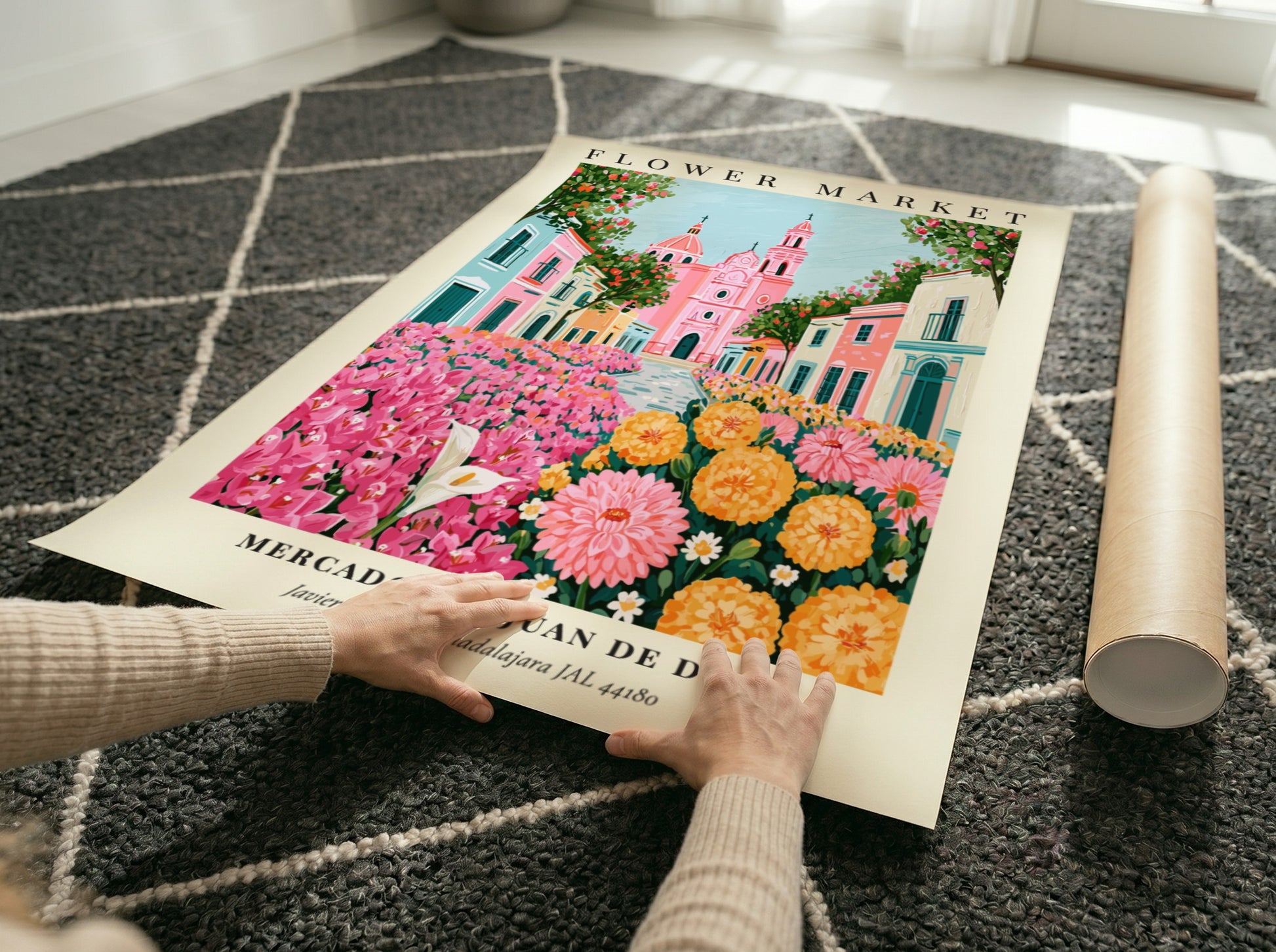 Flower market artwork featuring vibrant pink and yellow flowers with charming architecture in a colorful scene