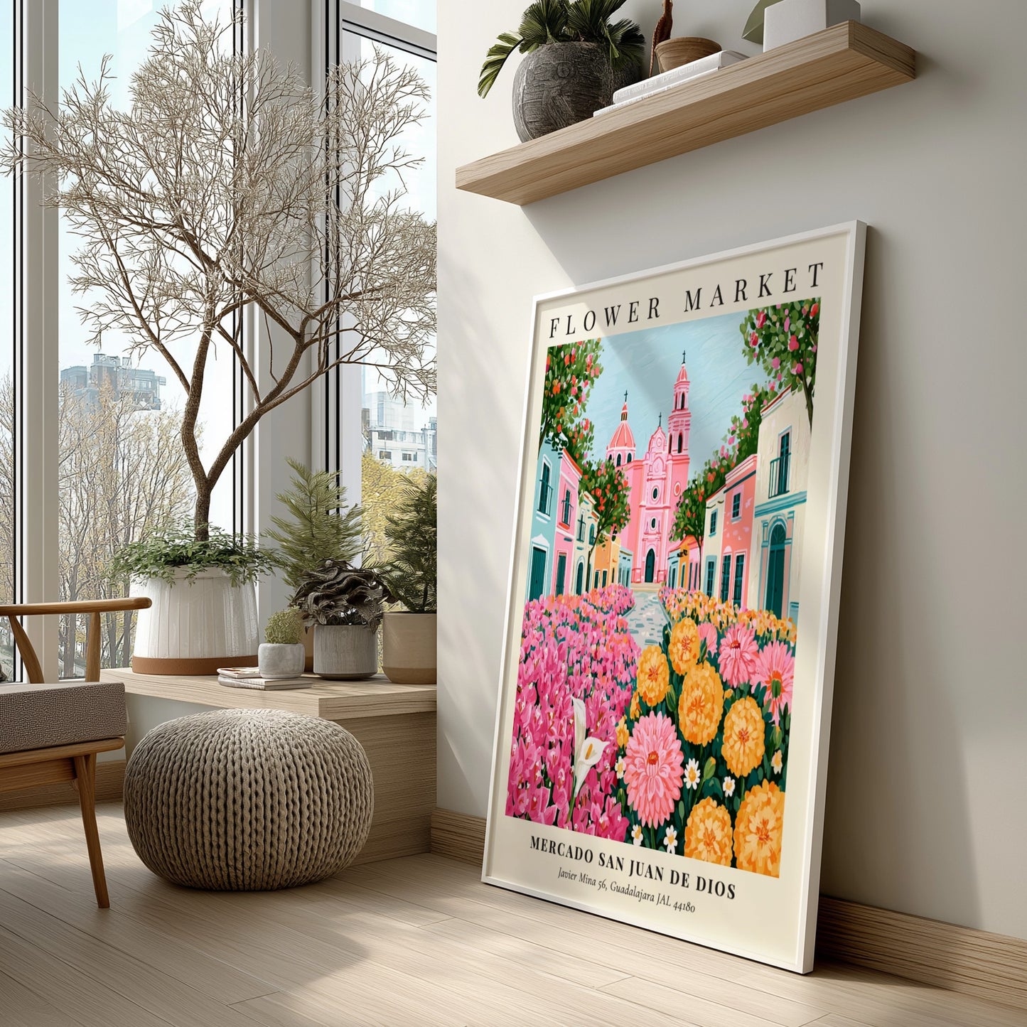 Flower market artwork featuring vibrant pink and yellow flowers with charming architecture in a colorful scene