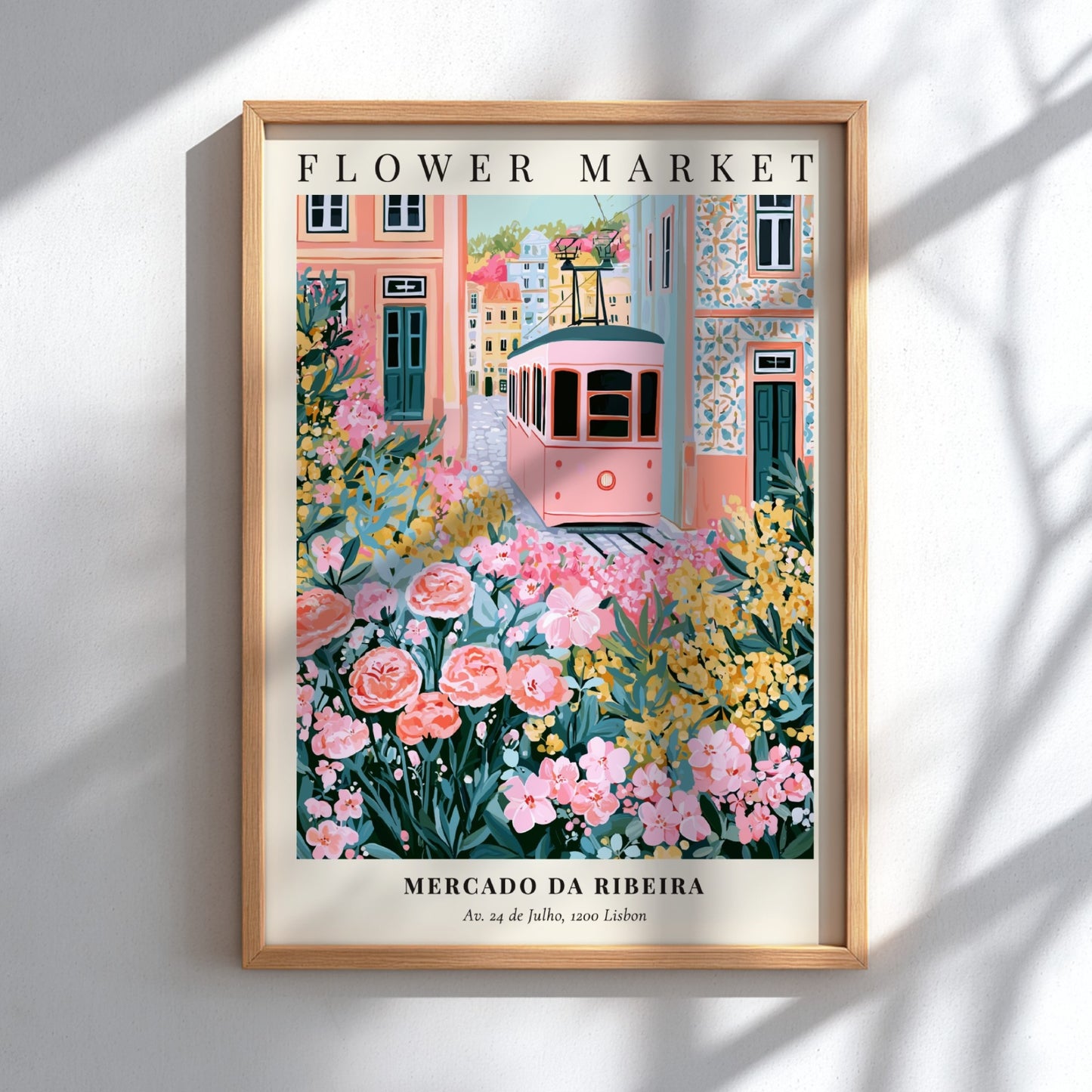 Flower market artwork featuring a tram, colorful flowers, and charming architecture in soft pinks and greens.