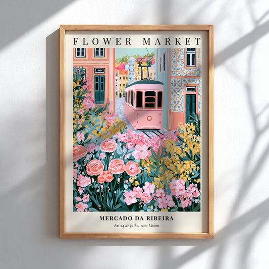 Flower market artwork featuring a tram, colorful flowers, and charming architecture in soft pinks and greens.