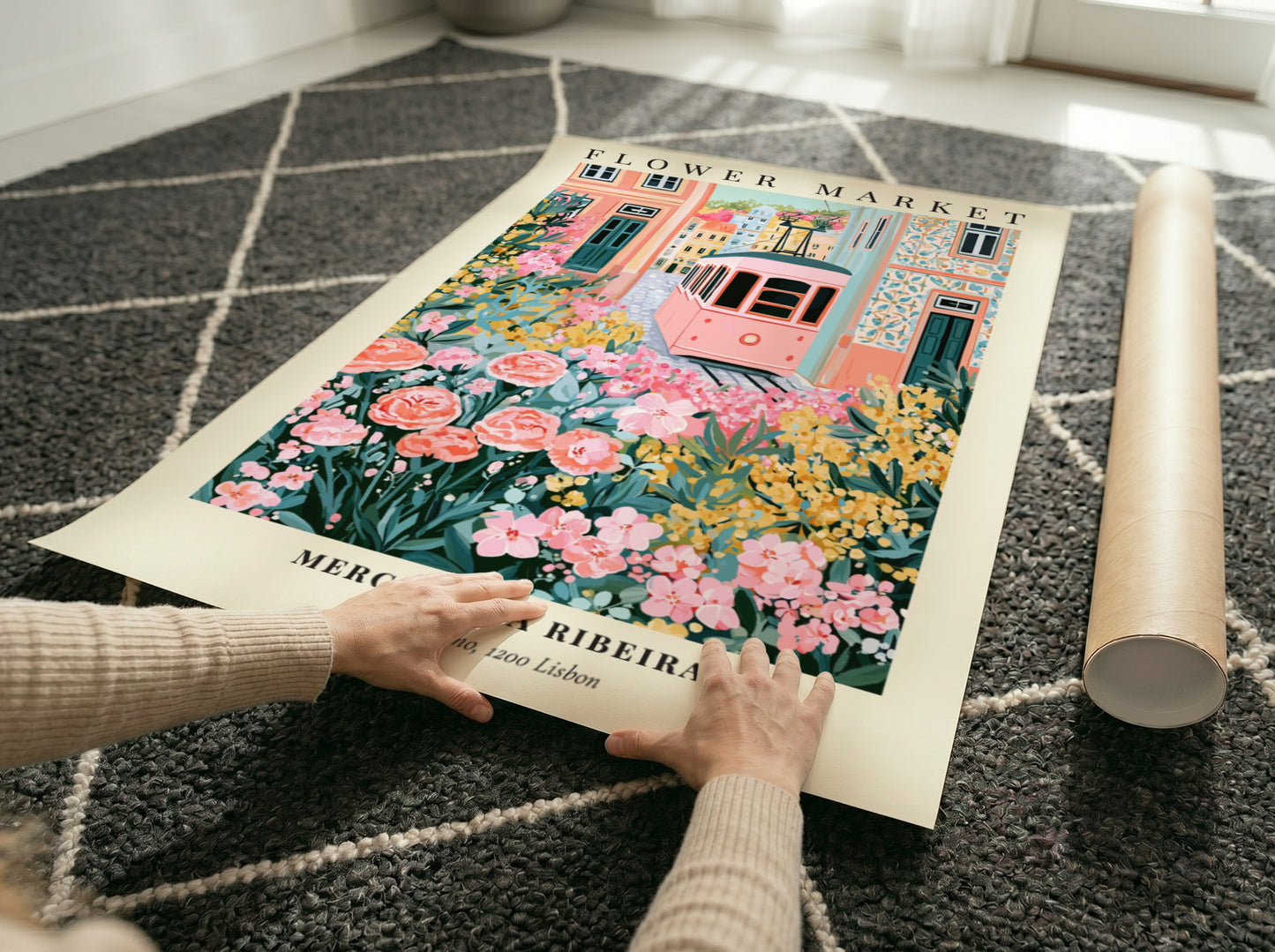 Flower market artwork featuring a tram, colorful flowers, and charming architecture in soft pinks and greens.