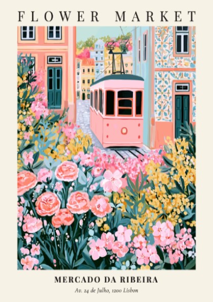Flower market artwork featuring a tram, colorful flowers, and charming architecture in soft pinks and greens.