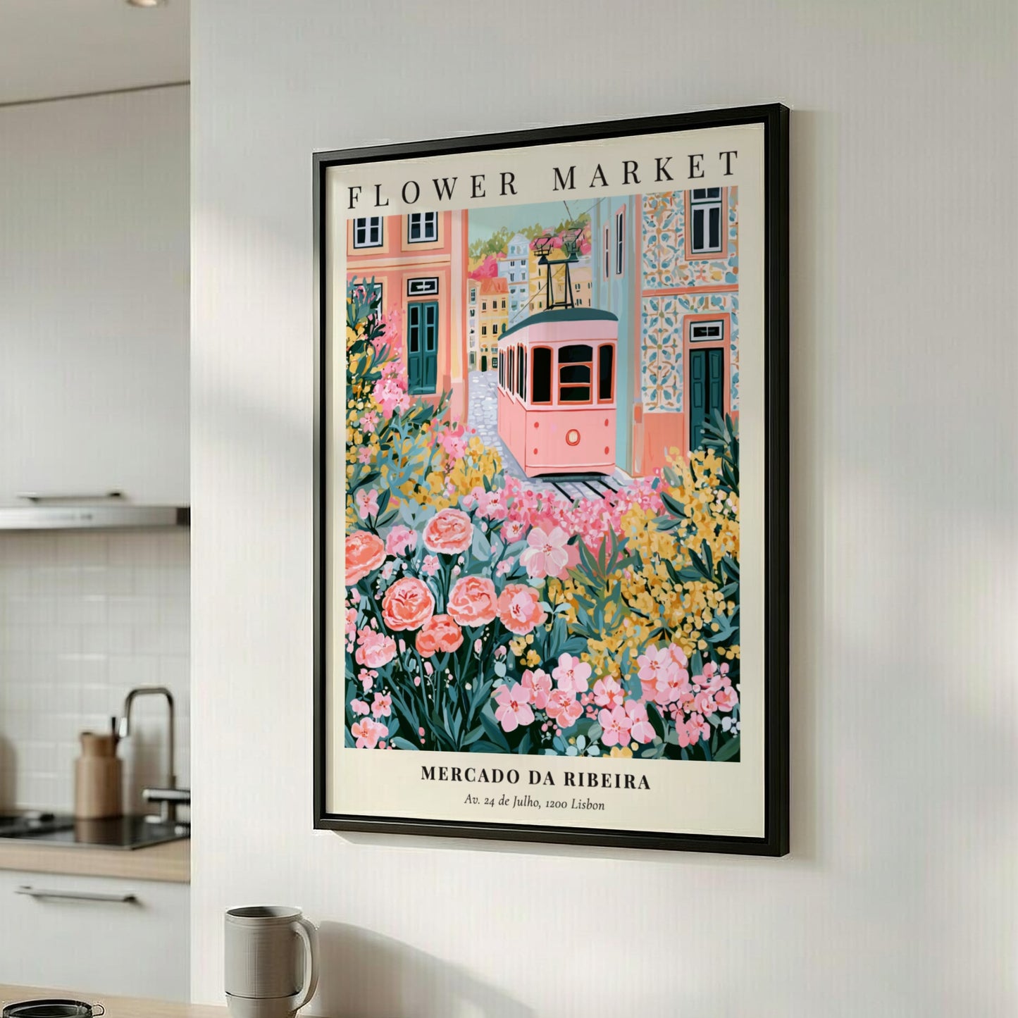 Flower market artwork featuring a tram, colorful flowers, and charming architecture in soft pinks and greens.