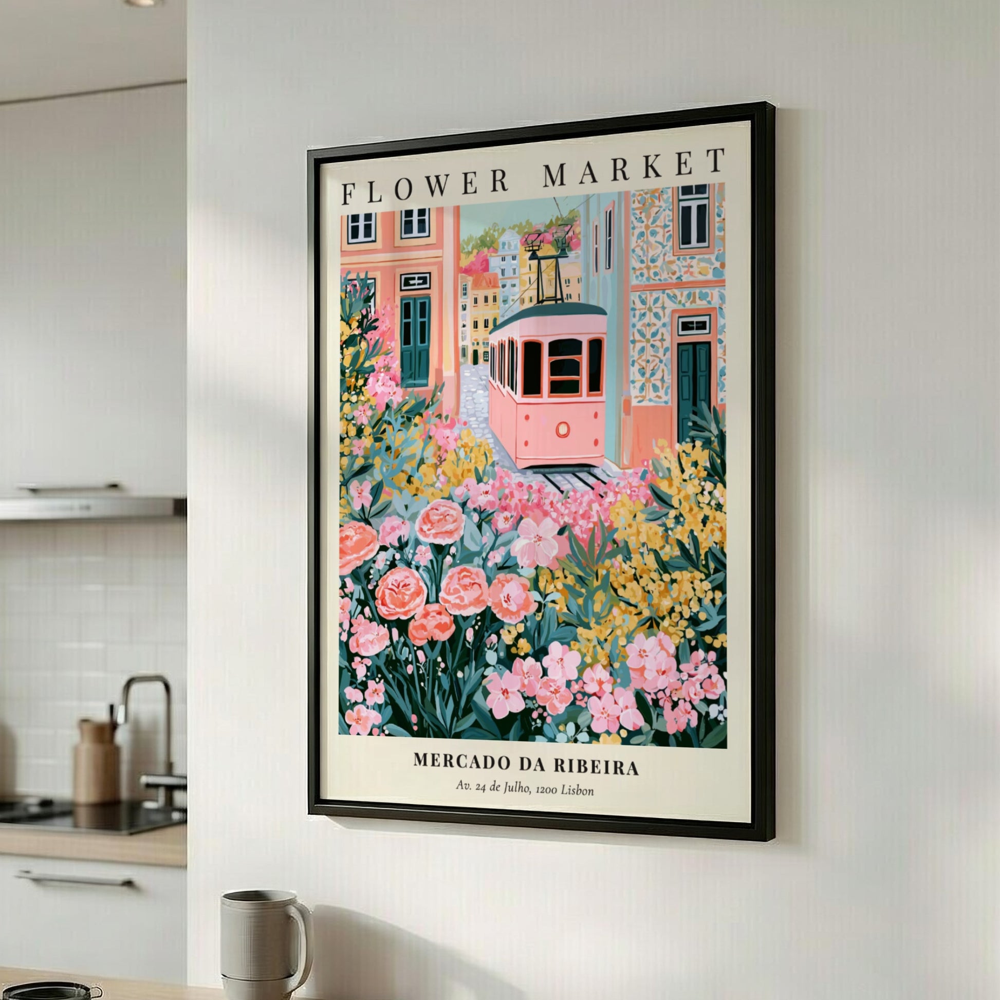 Flower market artwork featuring a tram, colorful flowers, and charming architecture in soft pinks and greens.