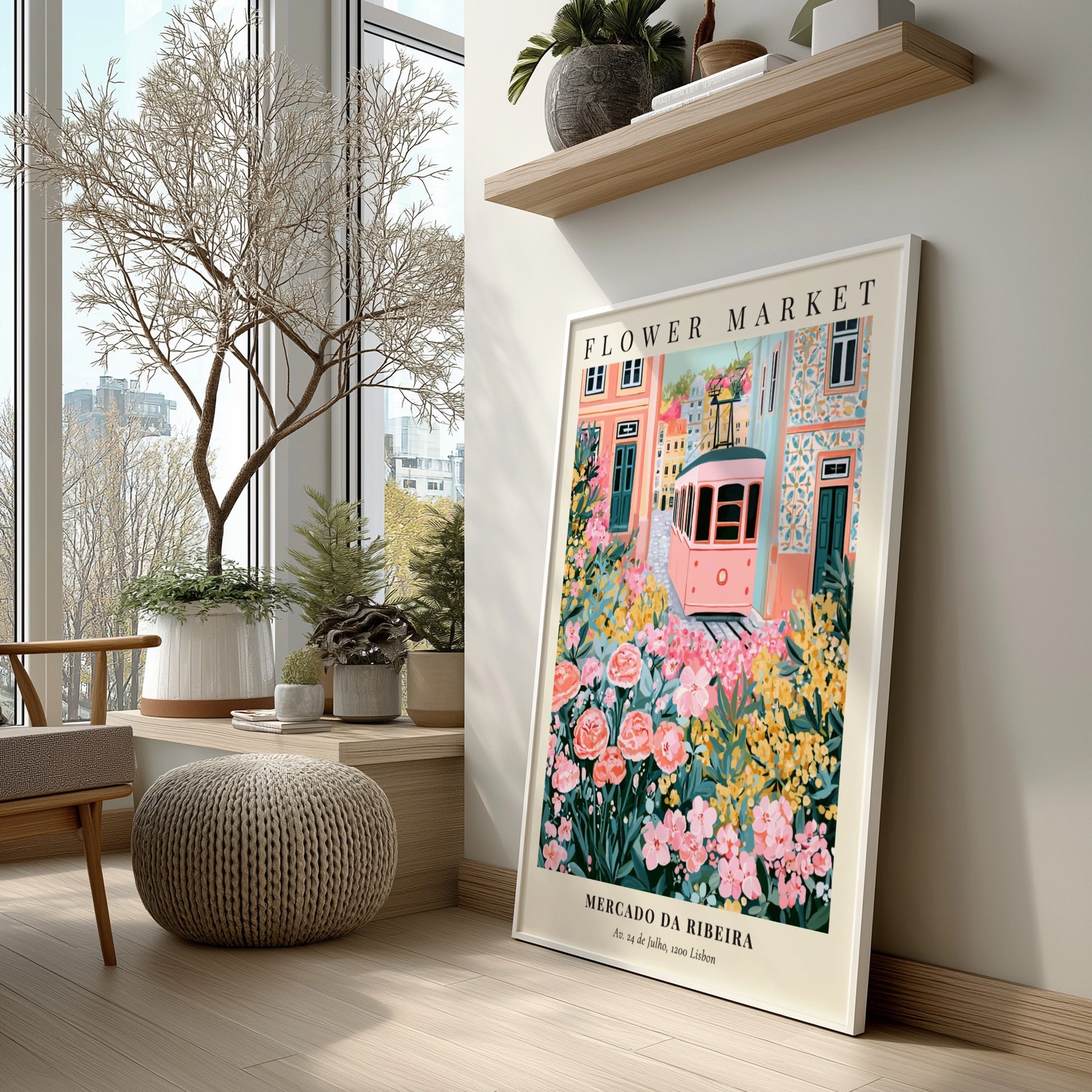 Flower market artwork featuring a tram, colorful flowers, and charming architecture in soft pinks and greens.