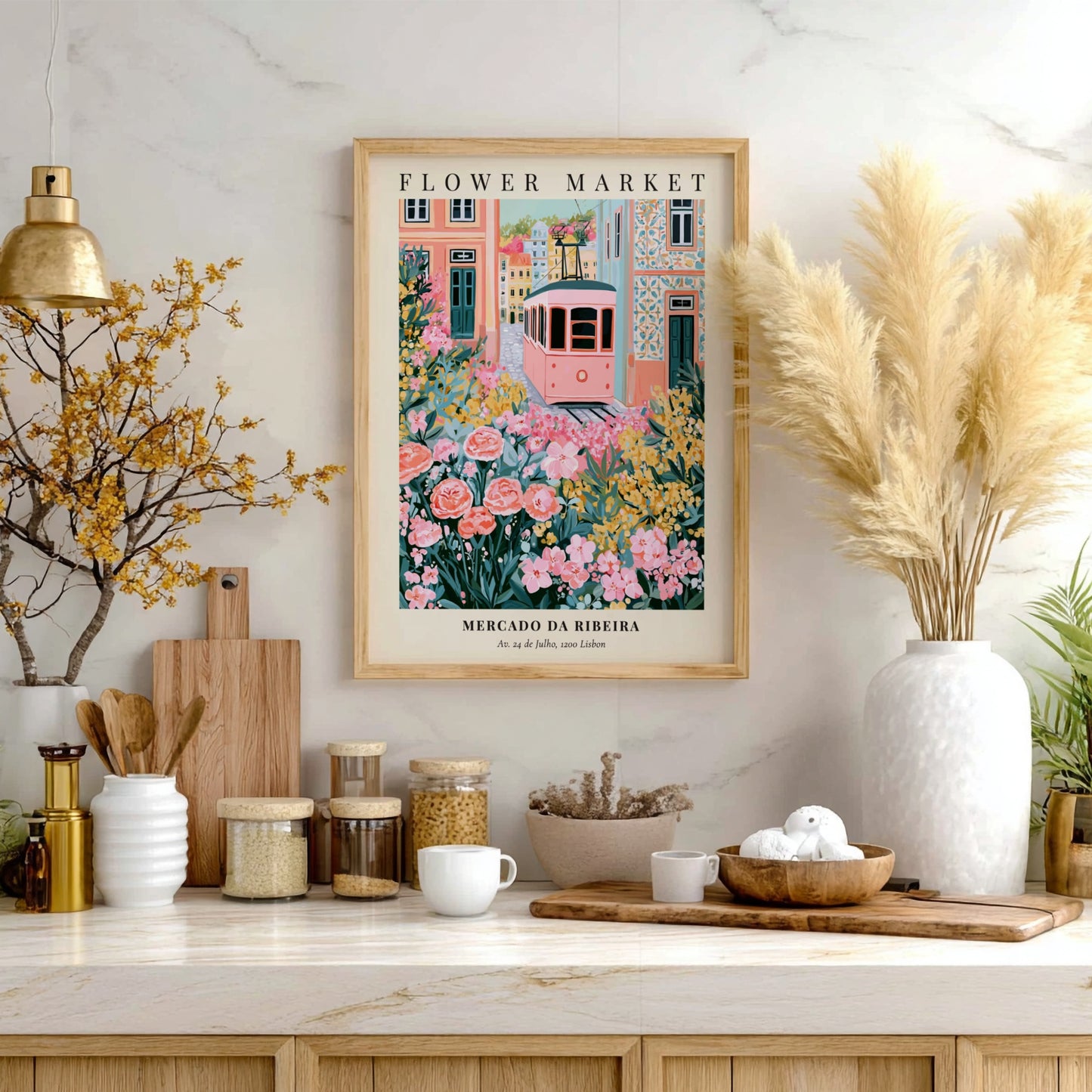 Flower market artwork featuring a tram, colorful flowers, and charming architecture in soft pinks and greens.