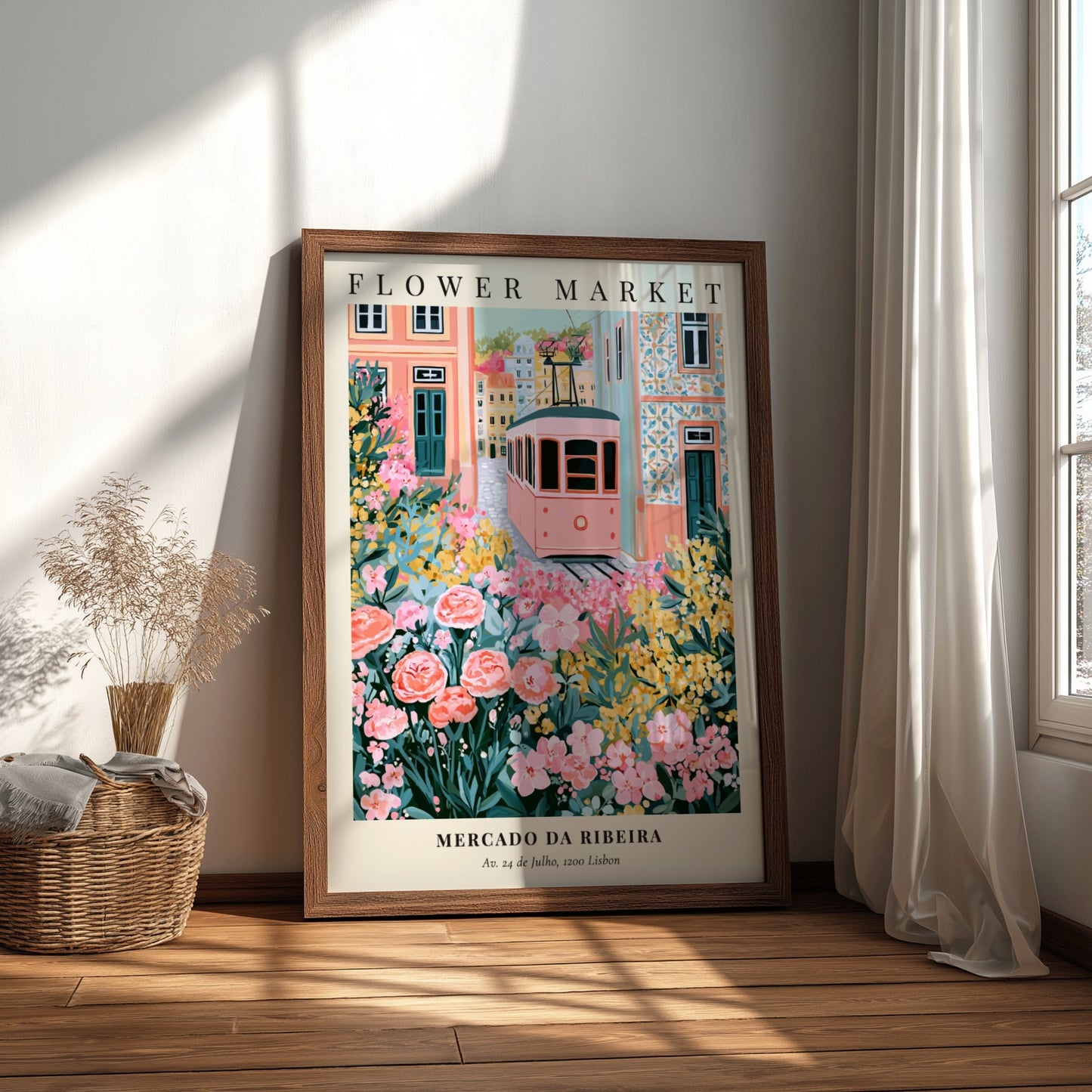Flower market artwork featuring a tram, colorful flowers, and charming architecture in soft pinks and greens.
