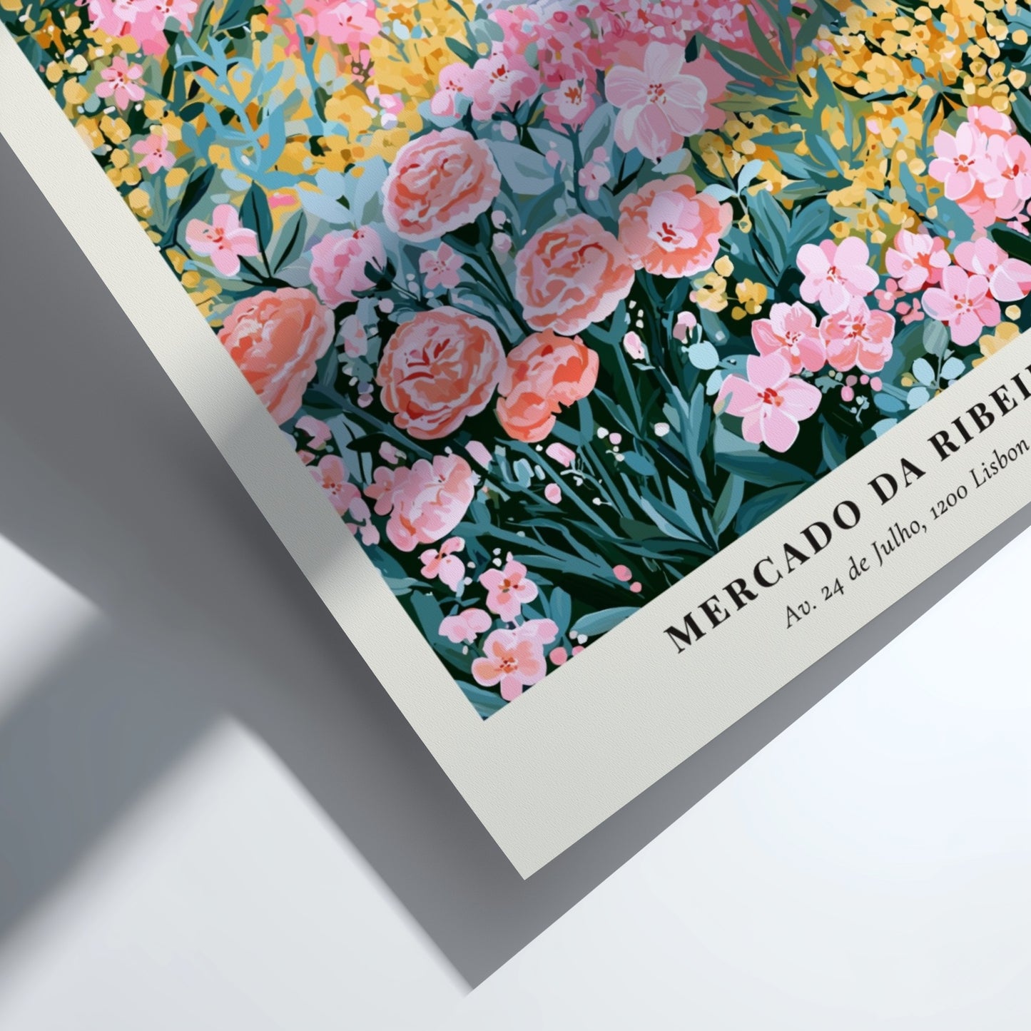 Flower market artwork featuring a tram, colorful flowers, and charming architecture in soft pinks and greens.