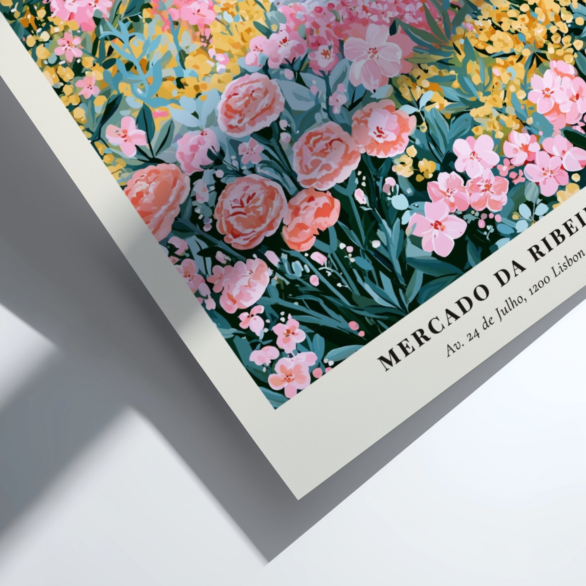 Flower market artwork featuring a tram, colorful flowers, and charming architecture in soft pinks and greens.