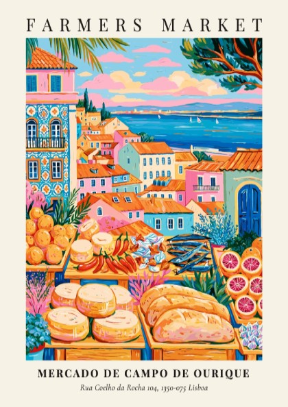 Farmers market poster featuring colorful fruits and cheeses with Lisbon architecture in the background