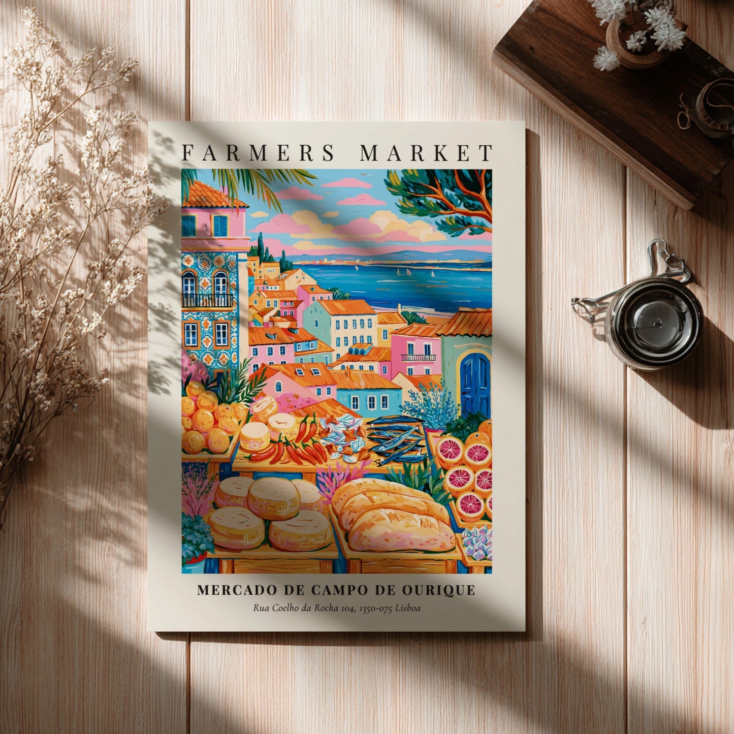 Farmers market poster featuring colorful fruits and cheeses with Lisbon architecture in the background