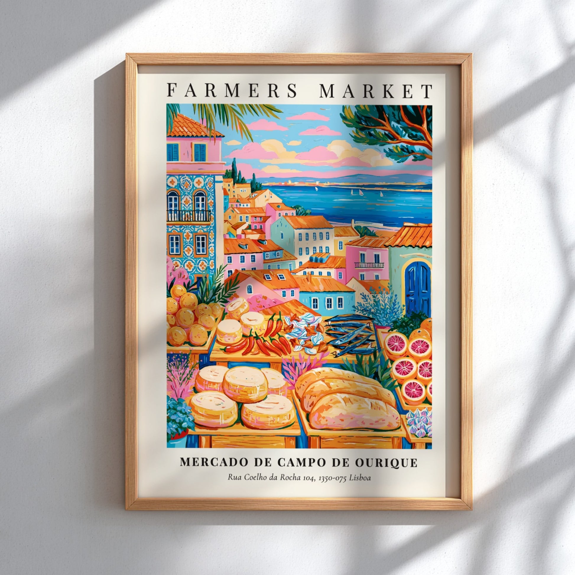 Farmers market poster featuring colorful fruits and cheeses with Lisbon architecture in the background