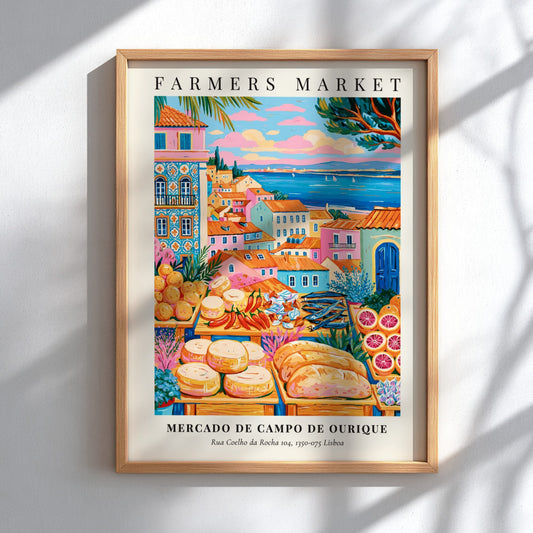 Farmers market poster featuring colorful fruits and cheeses with Lisbon architecture in the background