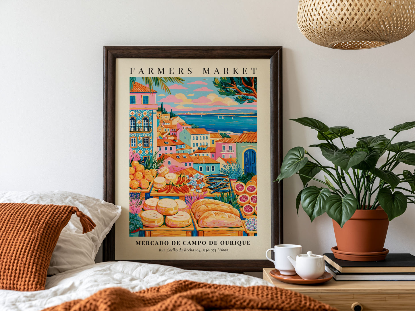 Farmers market poster featuring colorful fruits and cheeses with Lisbon architecture in the background