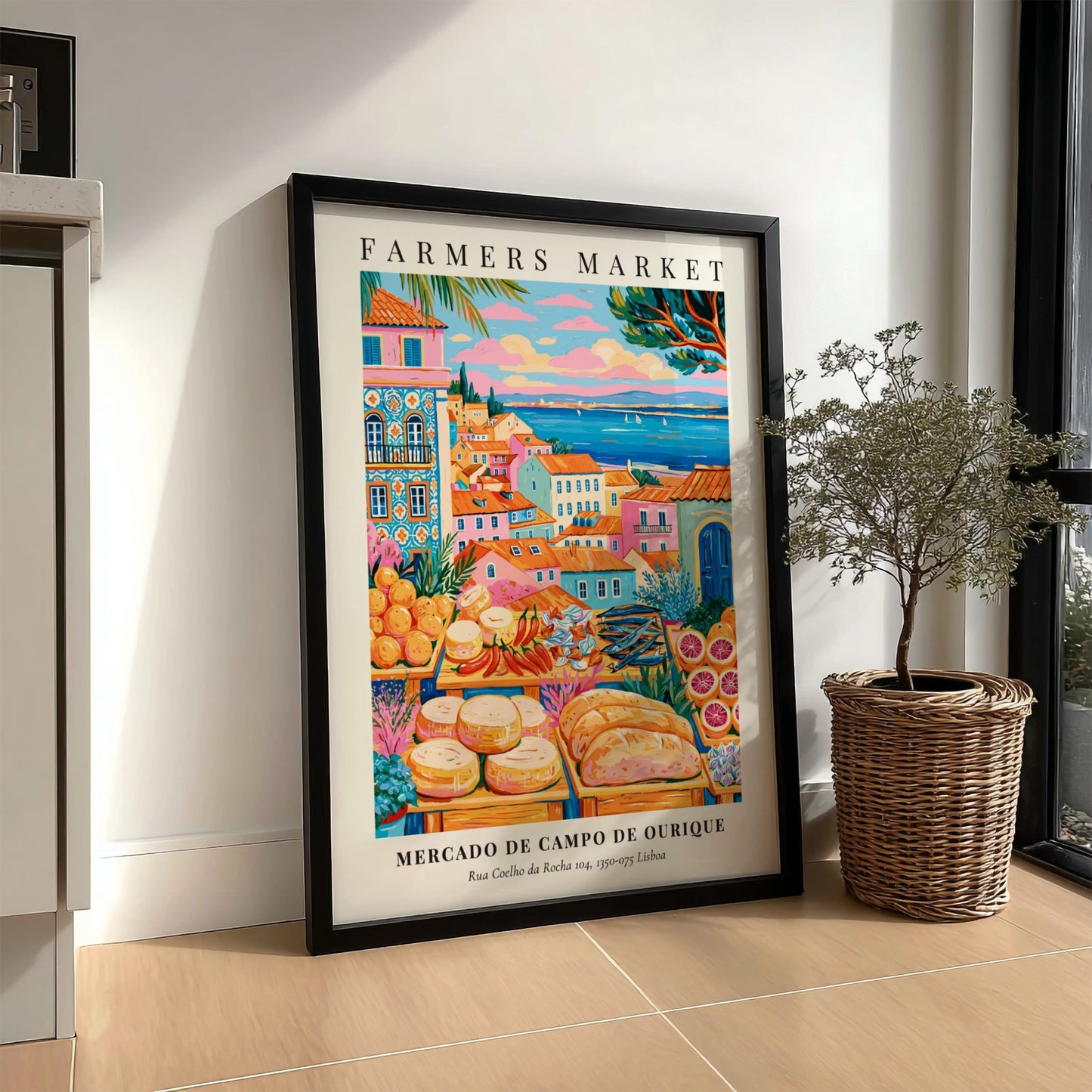 Farmers market poster featuring colorful fruits and cheeses with Lisbon architecture in the background