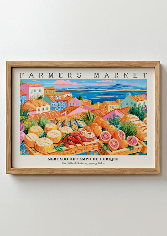 Farmers market poster showcasing Mercado de Campo de Ourique with colorful produce and architecture