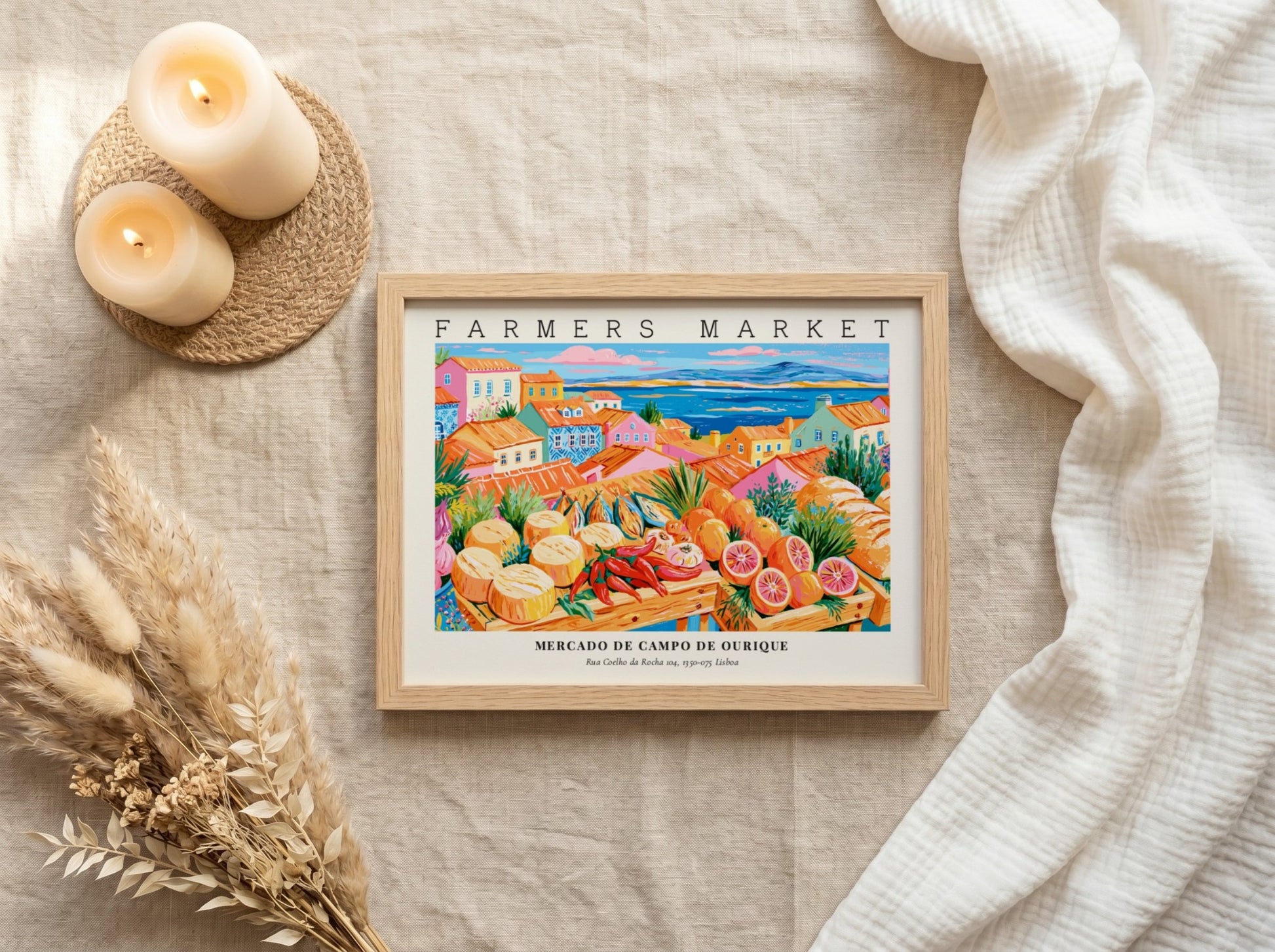 Farmers market poster showcasing Mercado de Campo de Ourique with colorful produce and architecture