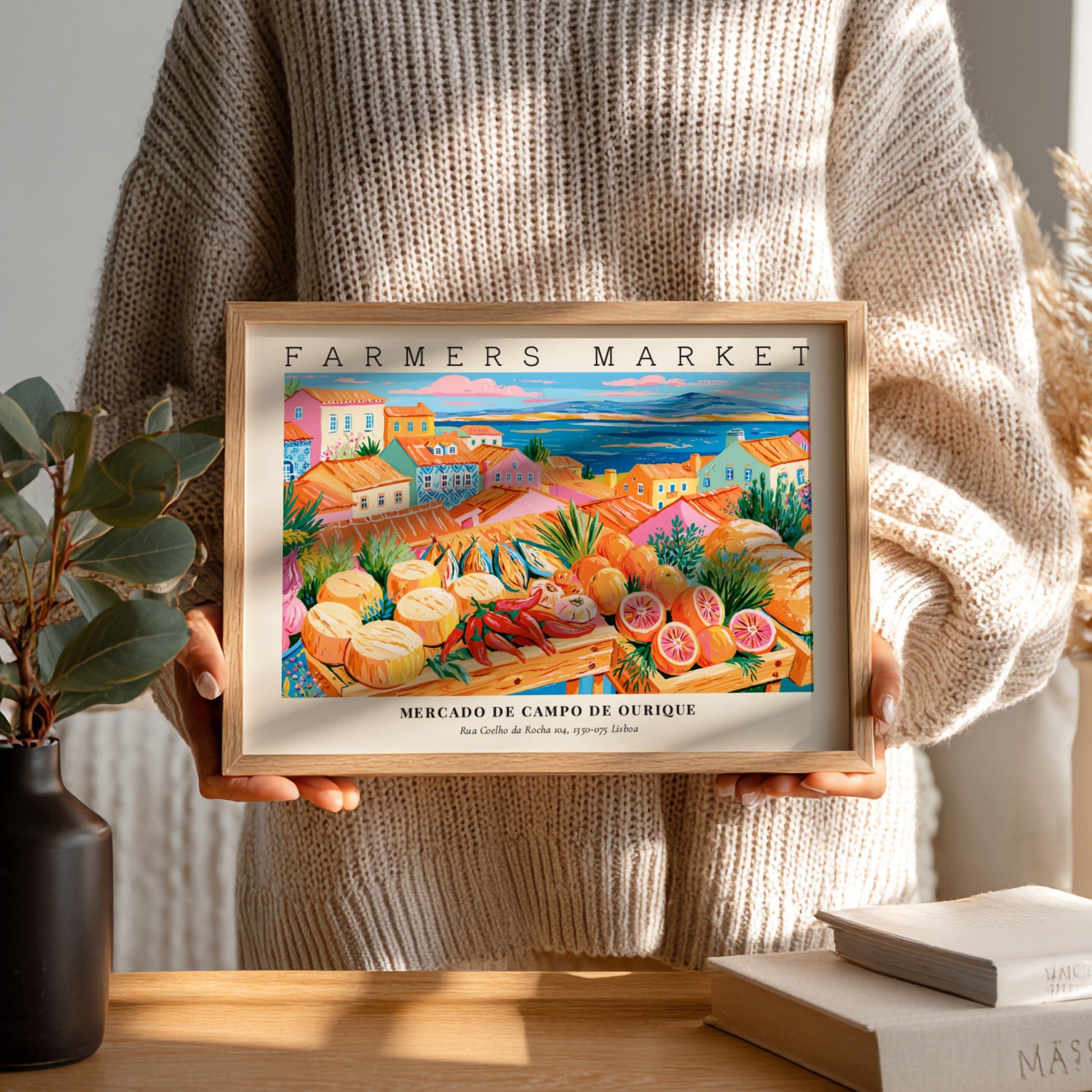 Farmers market poster showcasing Mercado de Campo de Ourique with colorful produce and architecture