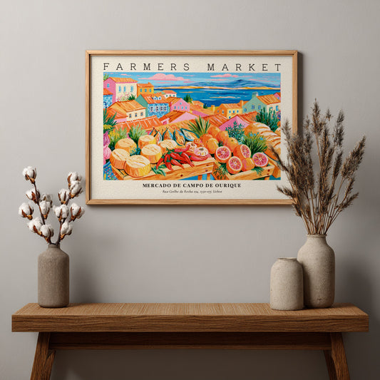 Farmers market poster showcasing Mercado de Campo de Ourique with colorful produce and architecture