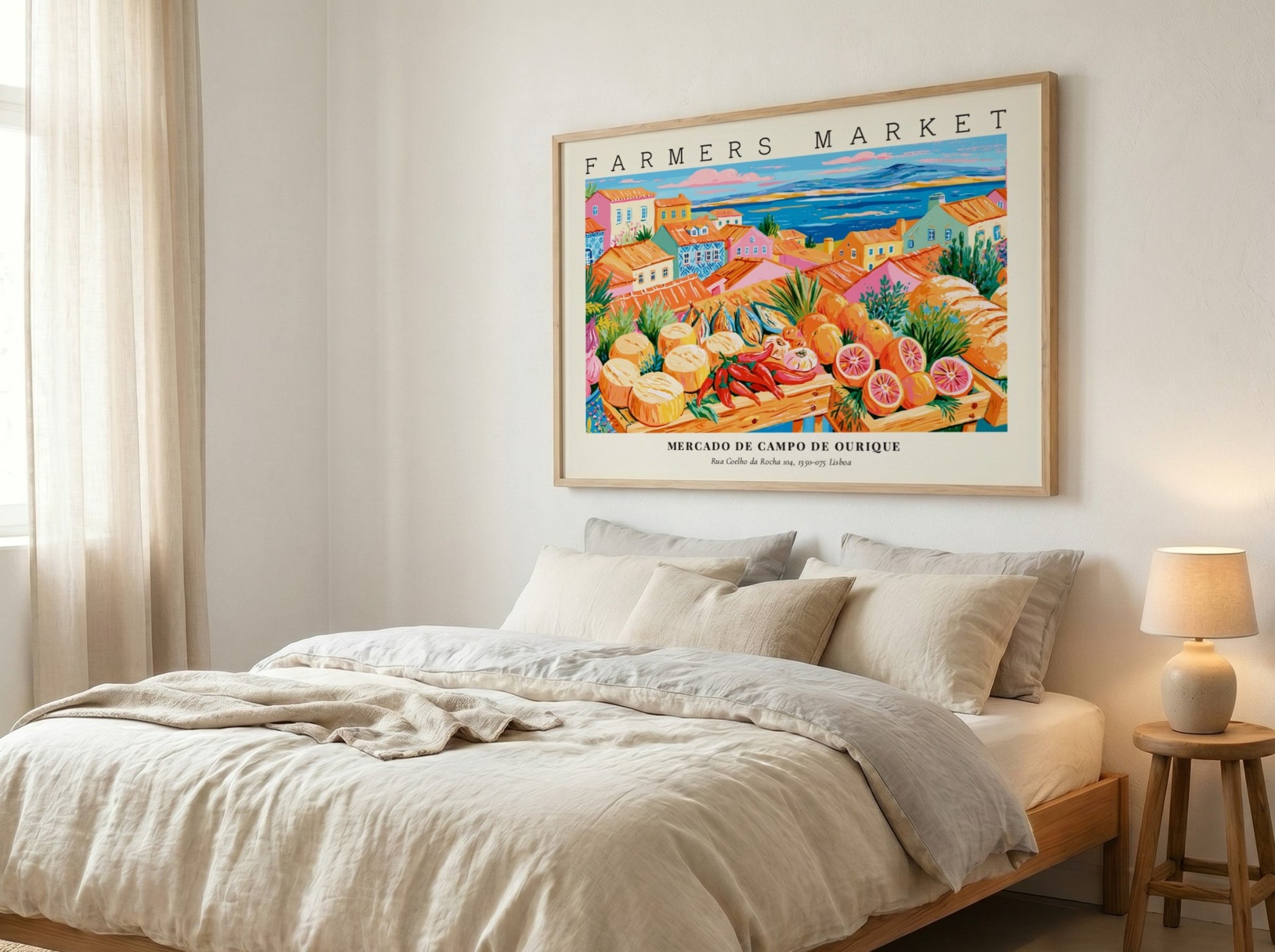 Farmers market poster showcasing Mercado de Campo de Ourique with colorful produce and architecture