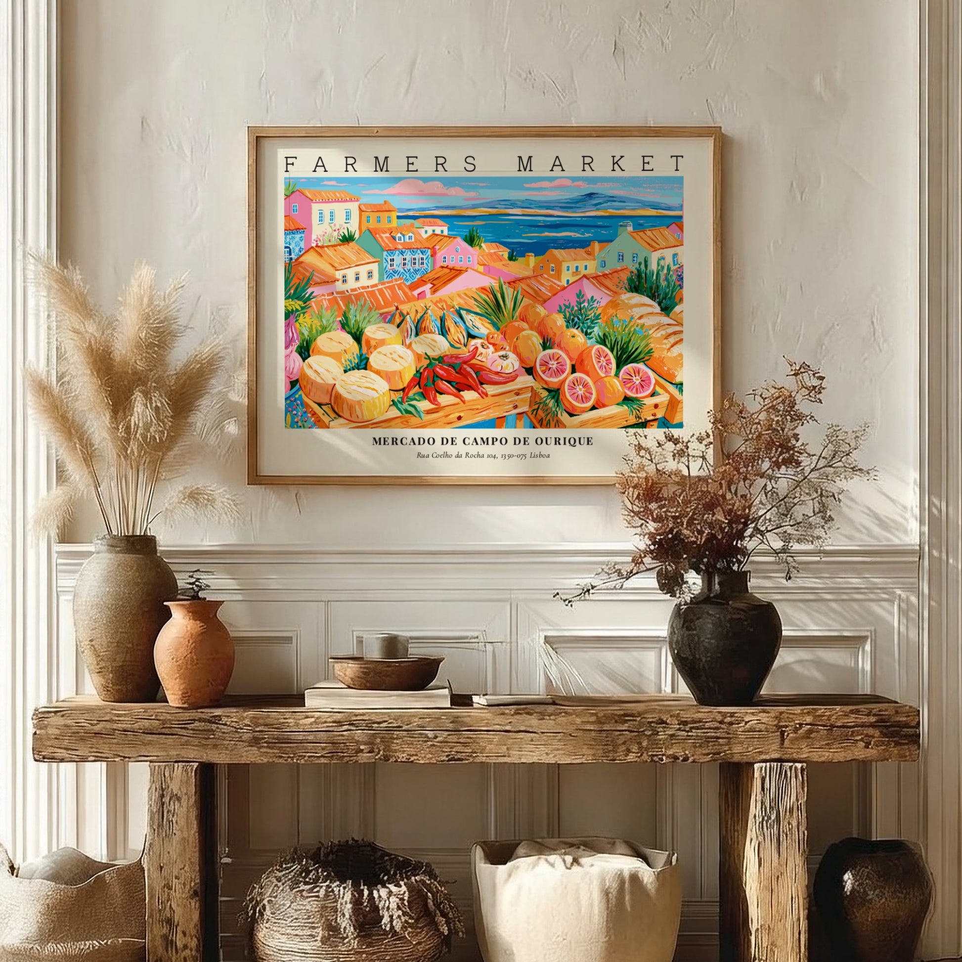 Farmers market poster showcasing Mercado de Campo de Ourique with colorful produce and architecture