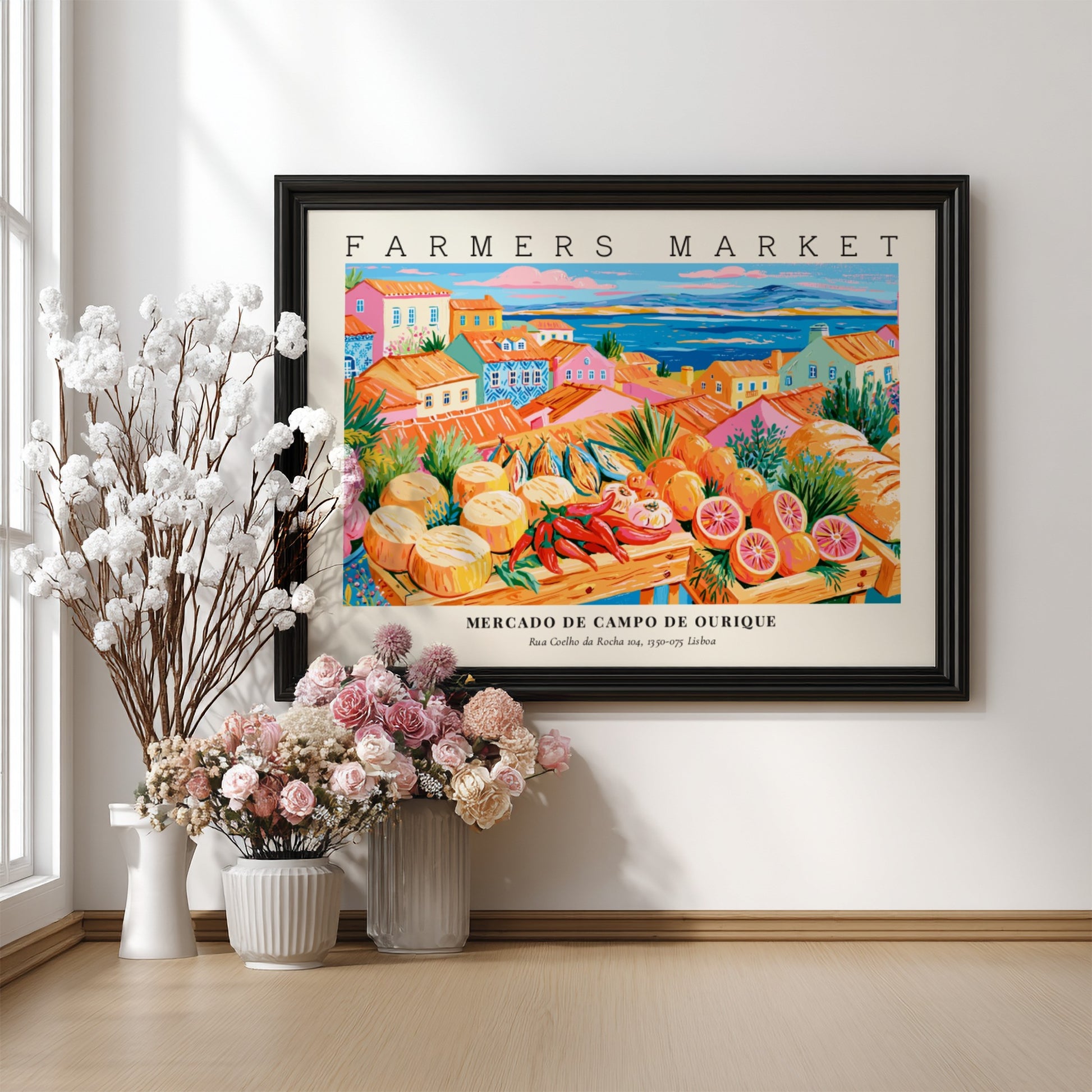 Farmers market poster showcasing Mercado de Campo de Ourique with colorful produce and architecture