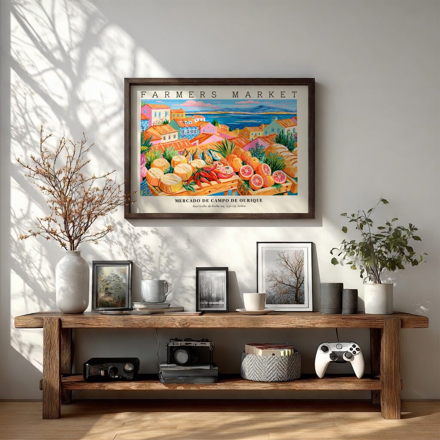 Farmers market poster showcasing Mercado de Campo de Ourique with colorful produce and architecture