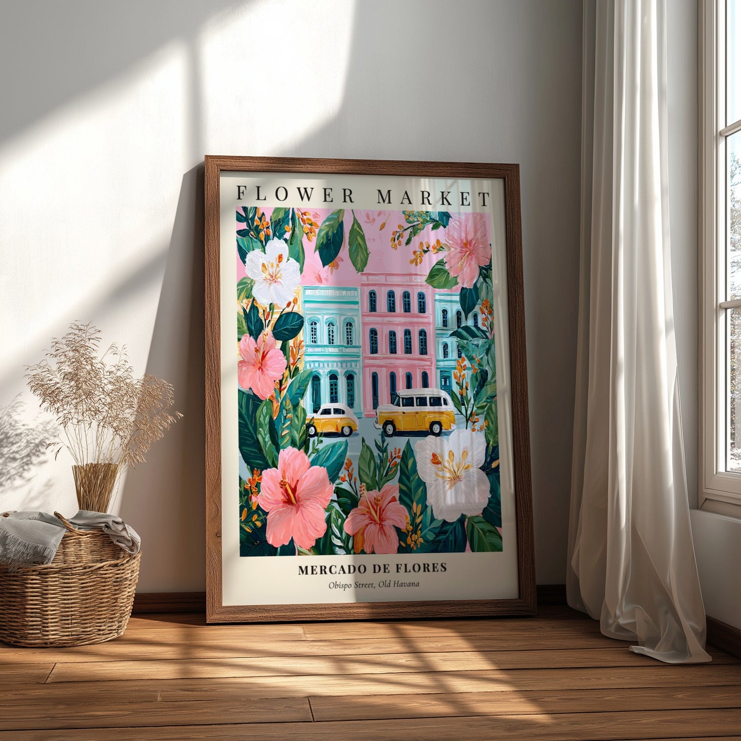 Flower market artwork featuring tropical flowers and vintage cars in vibrant colors