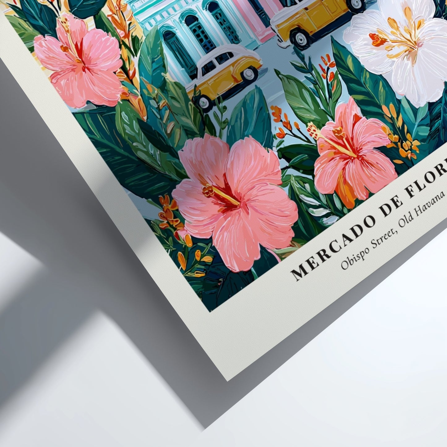 Flower market artwork featuring tropical flowers and vintage cars in vibrant colors
