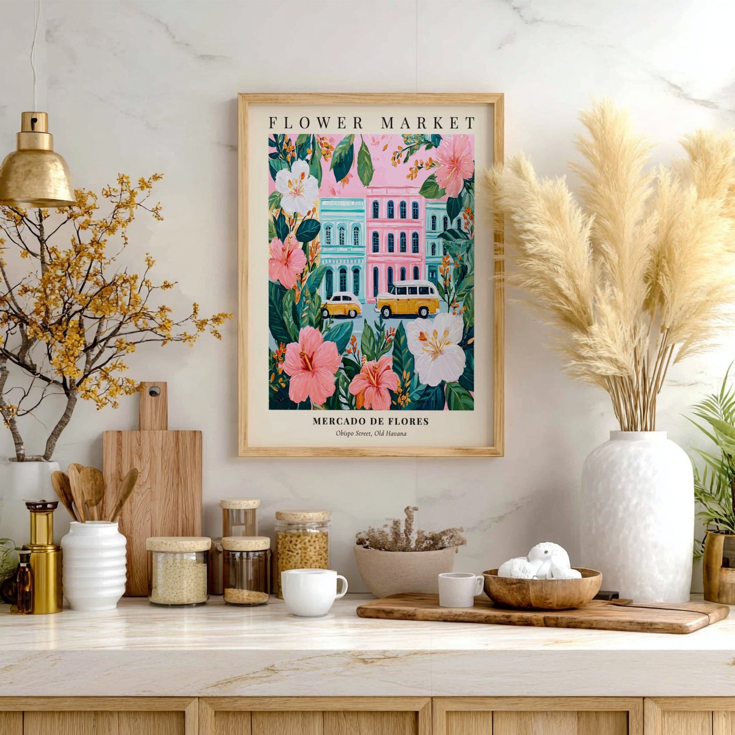 Flower market artwork featuring tropical flowers and vintage cars in vibrant colors